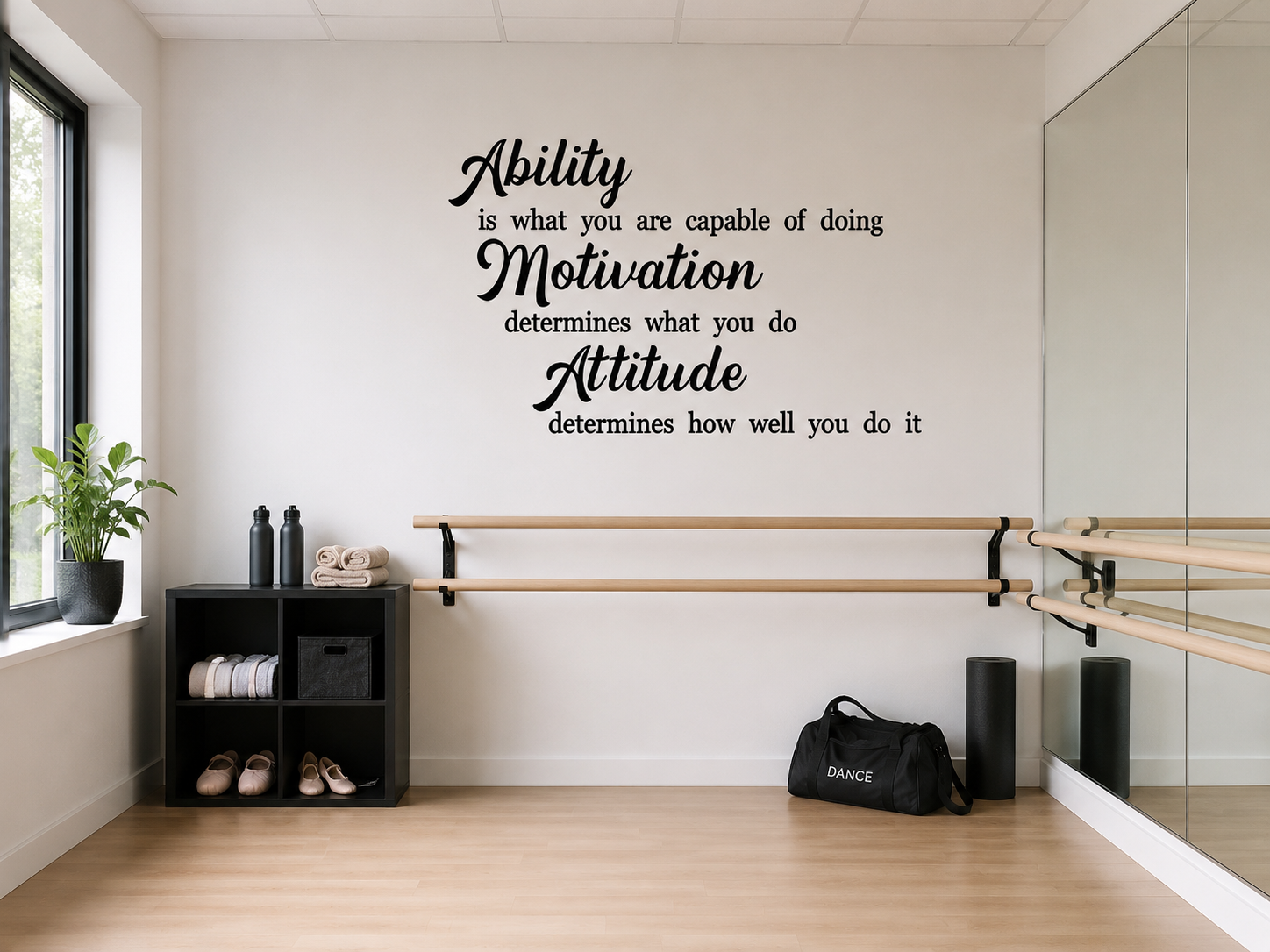 Black inspirational quote wall decal displayed in a modern office workspace with neutral styling, timber furniture and soft natural lighting.