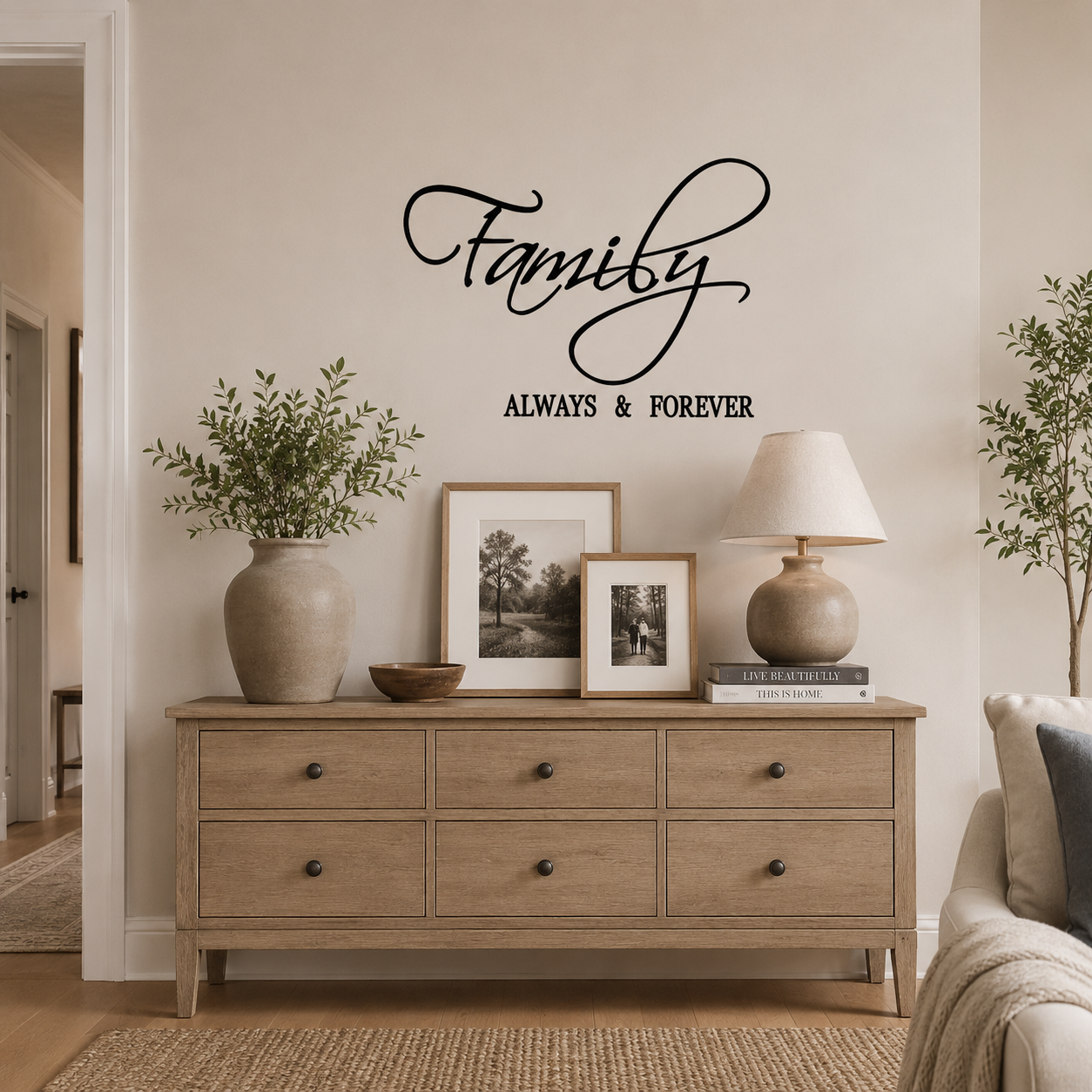 “Black Family Always & Forever removable wall decal styled in a casual hallway setting with a timber dresser, personal photo frames, candles, and natural home décor.”