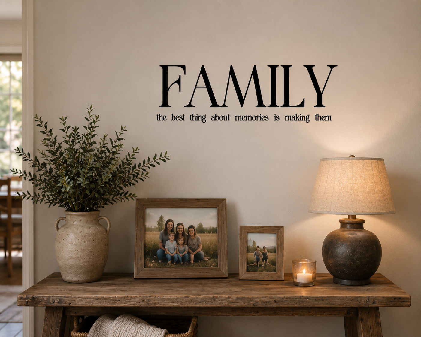 Family wall decal featuring the quote "The Best Thing About Memories Is Making Them" displayed above a rustic console table with framed family photos in a warm family home.
