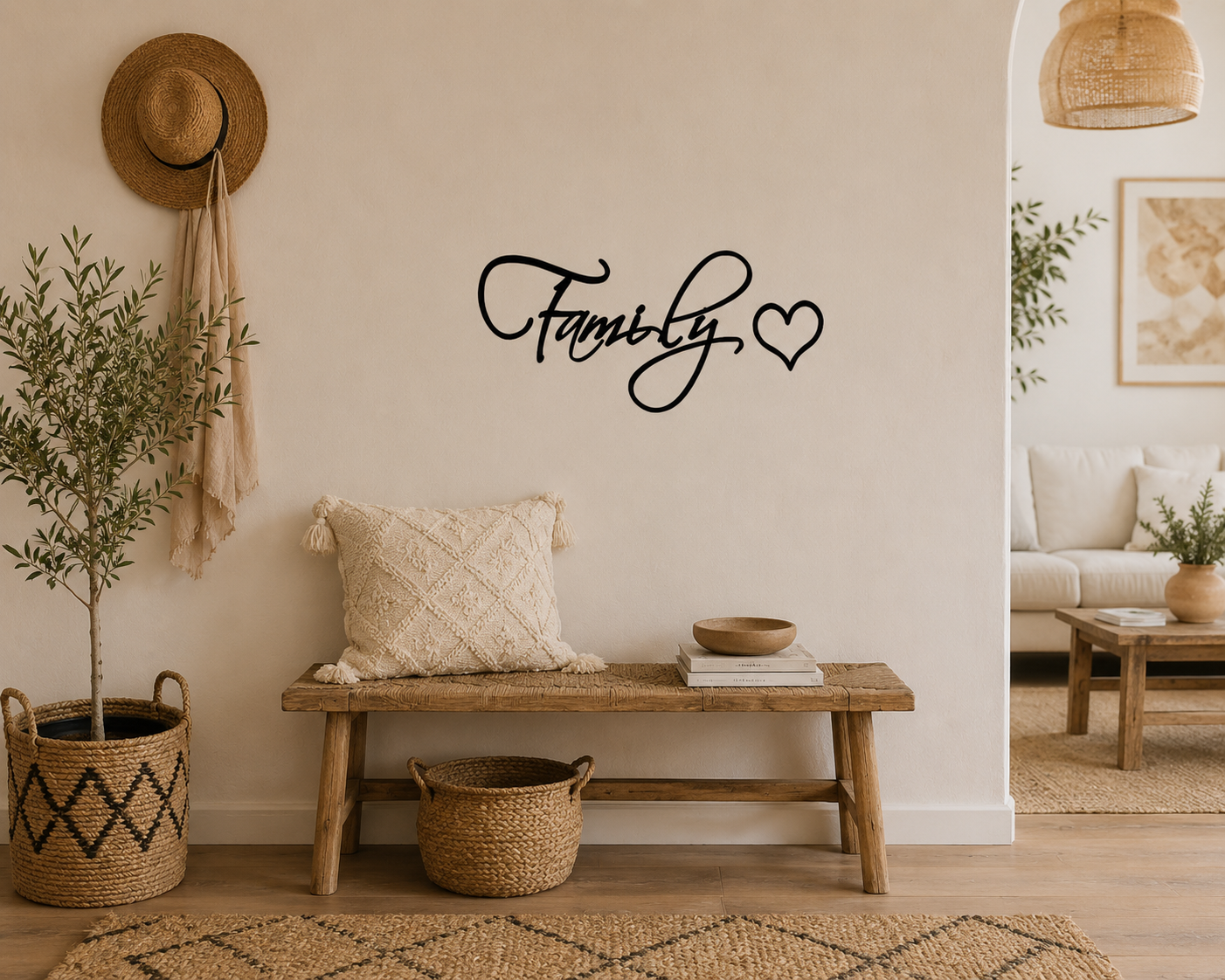 Family & Heart removable wall decal displayed on a dining room wall surrounded by family photo frames and modern home décor.
