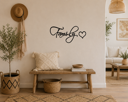 Family & Heart removable wall decal displayed on a dining room wall surrounded by family photo frames and modern home décor.