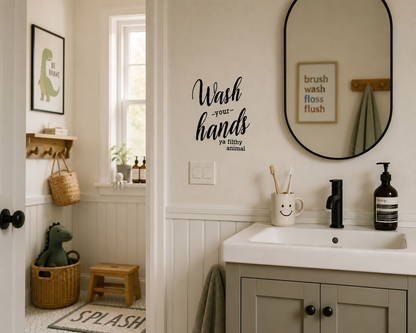 Wash Your Hands Ya Filthy Animal removable wall decal in modern casual bathroom ensuite

Product Tags
