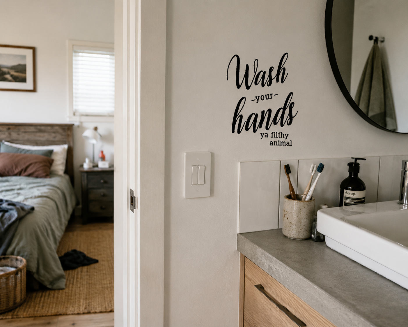Wash Your Hands Ya Filthy Animal removable wall decal in modern casual bathroom ensuite

