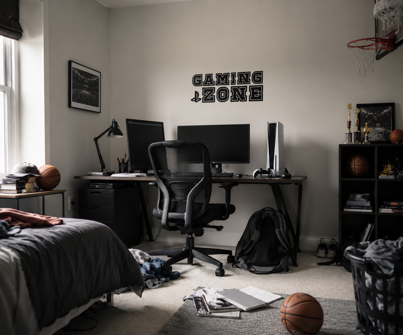 Gaming Zone removable wall decal above gaming desk setup in realistic teen bedroom