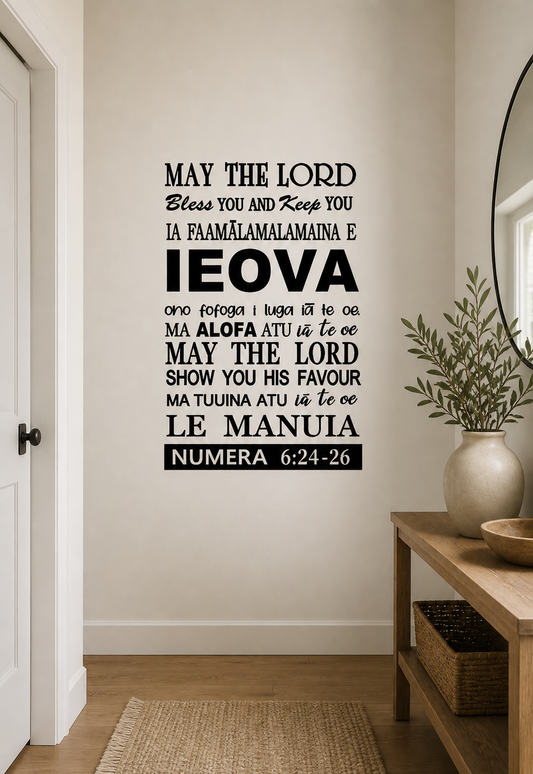 Samoan May the Lord Bless You wall decal in black vinyl featuring Numbers 6:24-26 scripture, displayed on a neutral wall in a modern home