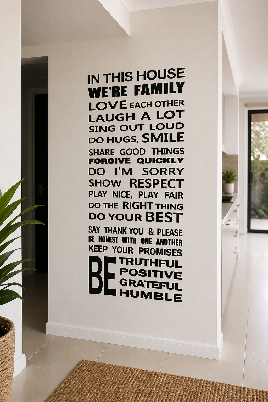 Large family quote wall decal in neutral home interior – inspirational house rules wall sticker
