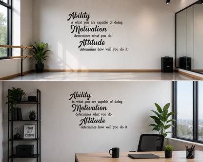 Black inspirational quote wall decal displayed in a modern office workspace with neutral styling, timber furniture and soft natural lighting.