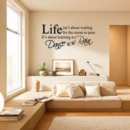 Dance in the Rain inspirational wall decal in modern living room feature wall
