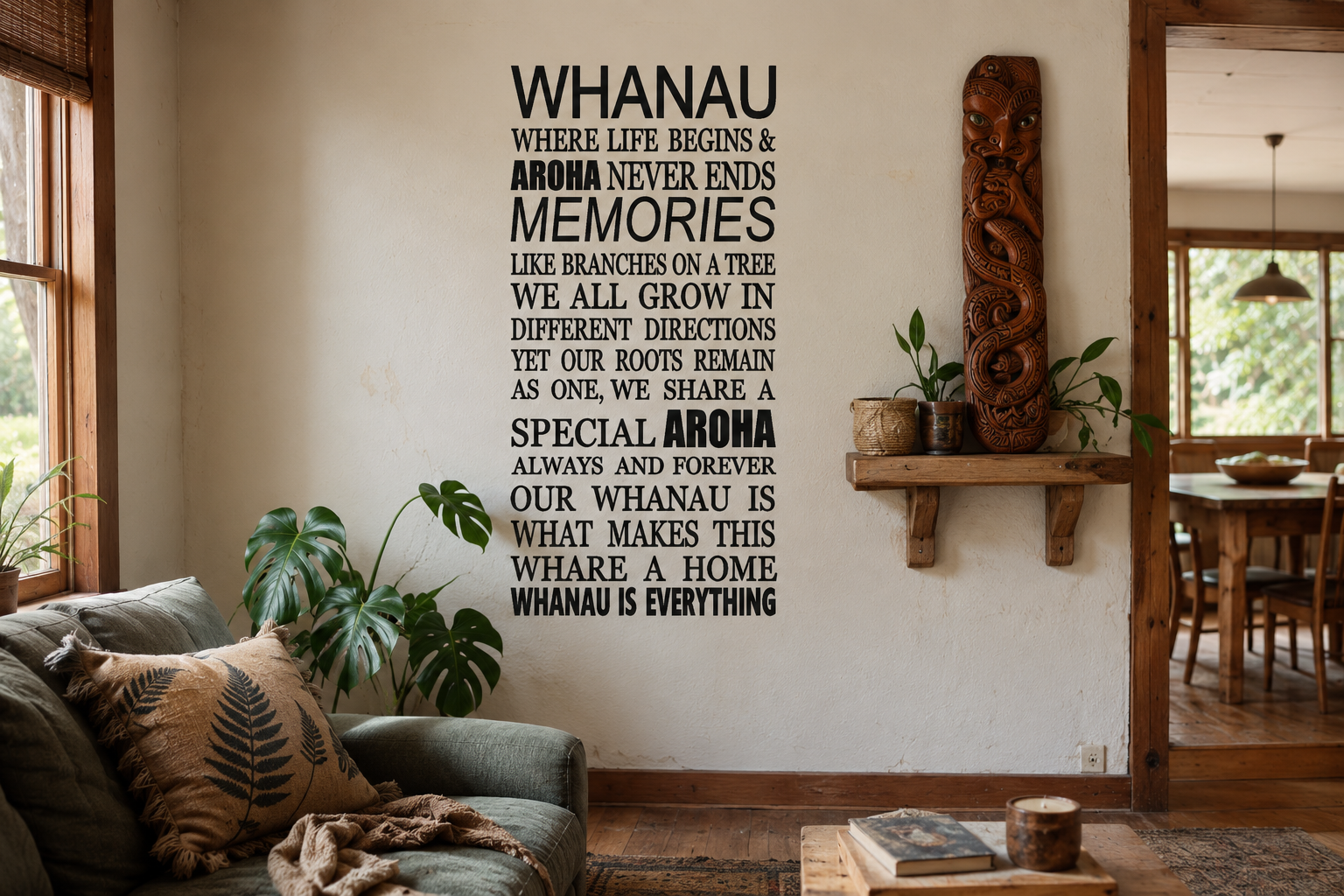 Whanau Is Everything removable vinyl wall decal displayed in a warm modern home hallway with Māori-inspired décor and natural wooden styling.