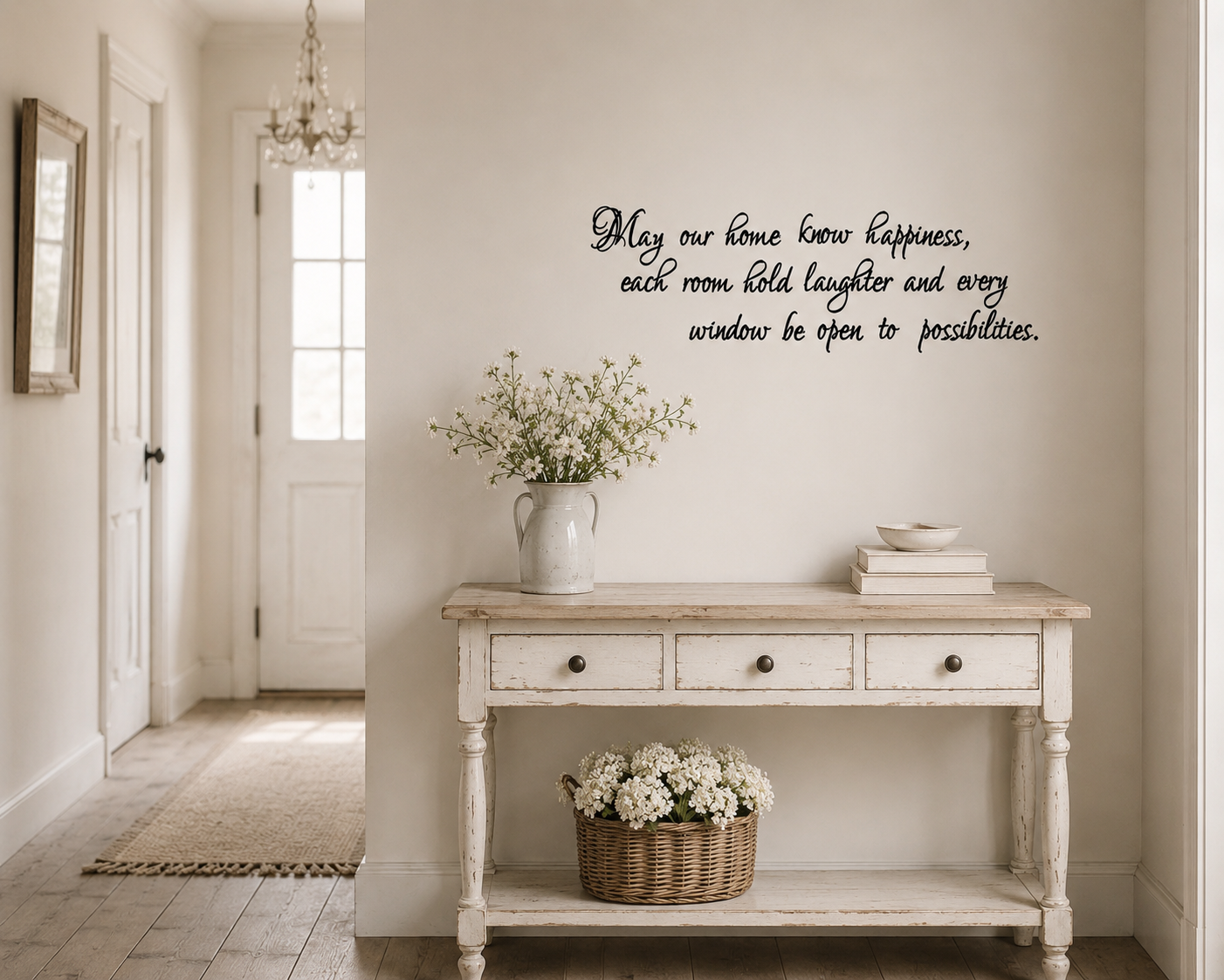 May Our Home Know Happiness removable wall decal displayed above a hallway console table in a shabby chic home interior. Inspirational family wall quote decal made in Melbourne by Two Little Giggles Wall Decals.
