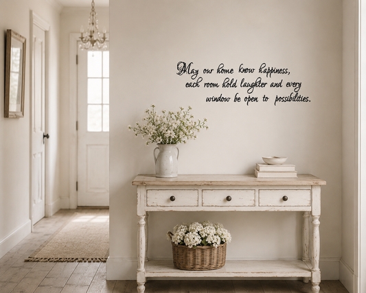 May Our Home Know Happiness removable wall decal displayed above a hallway console table in a shabby chic home interior. Inspirational family wall quote decal made in Melbourne by Two Little Giggles Wall Decals.