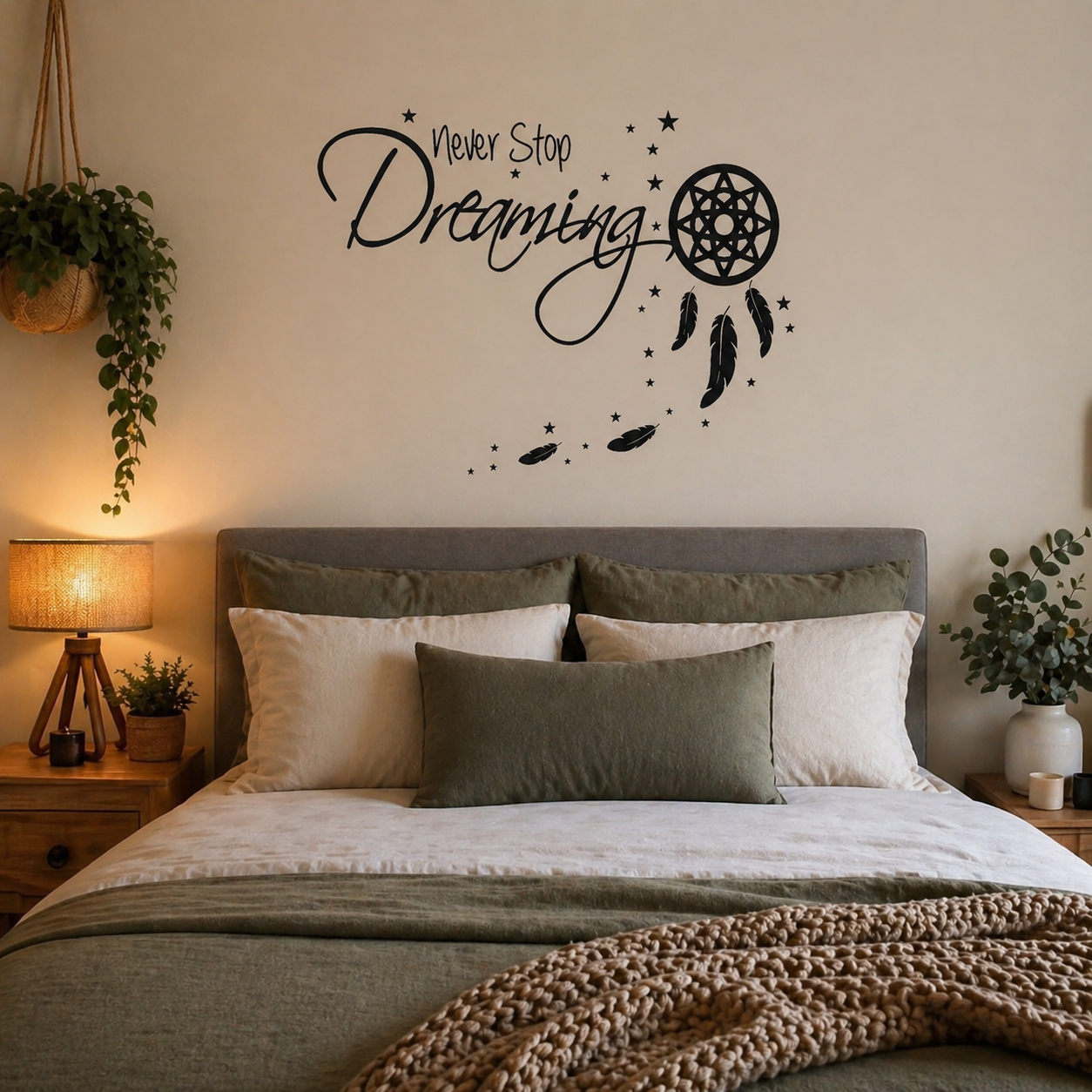 Bedroom with a wall decal of a dreamcatcher and 'Never Stop Dreaming' text.