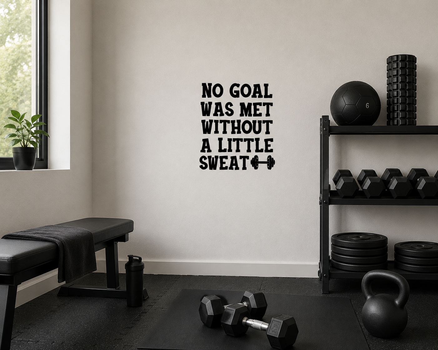 No Goal Was Met Without A Little Sweat motivational removable wall decal displayed in a modern home gym fitness room.
