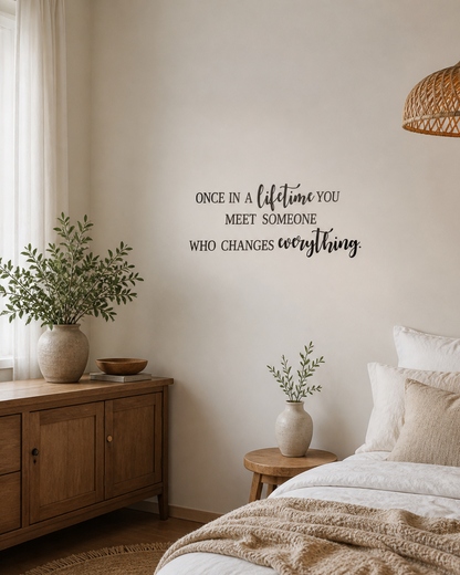 Romantic quote wall decal above bed in boho bedroom – removable vinyl wall sticker