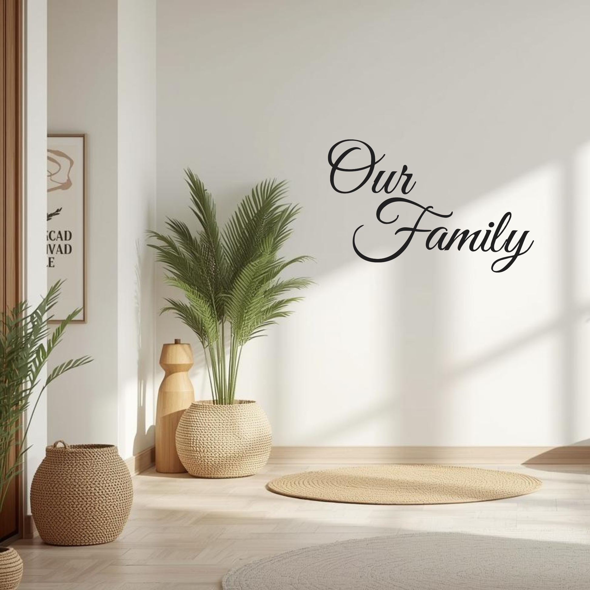 Decorative wall decal with 'Our Family' text on a gray wall. Two Little Giggles Wall Decals