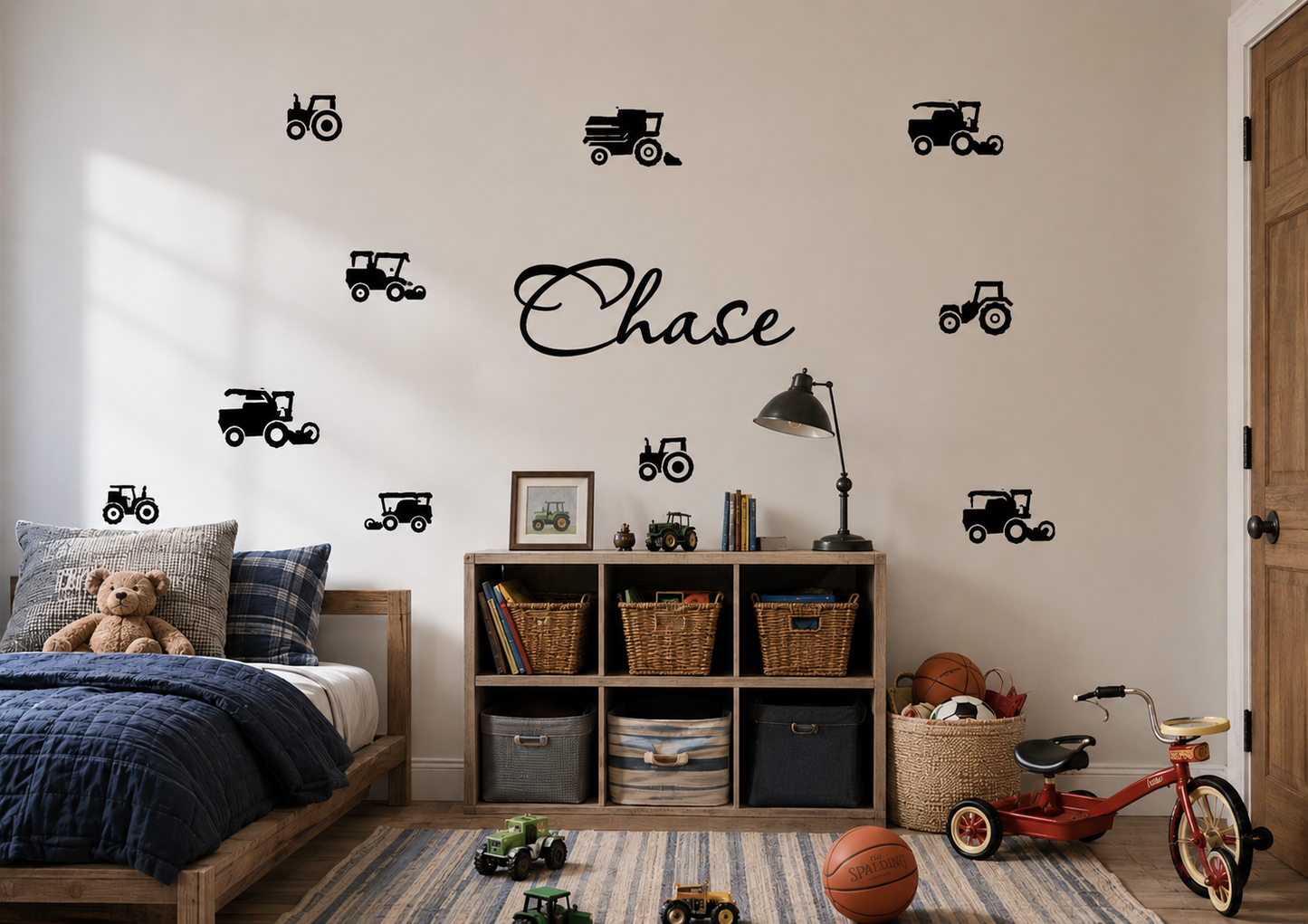 Children's bedroom with toy tractors and vehicles on the wall, a bed with teddy bear, and a bookshelf.
