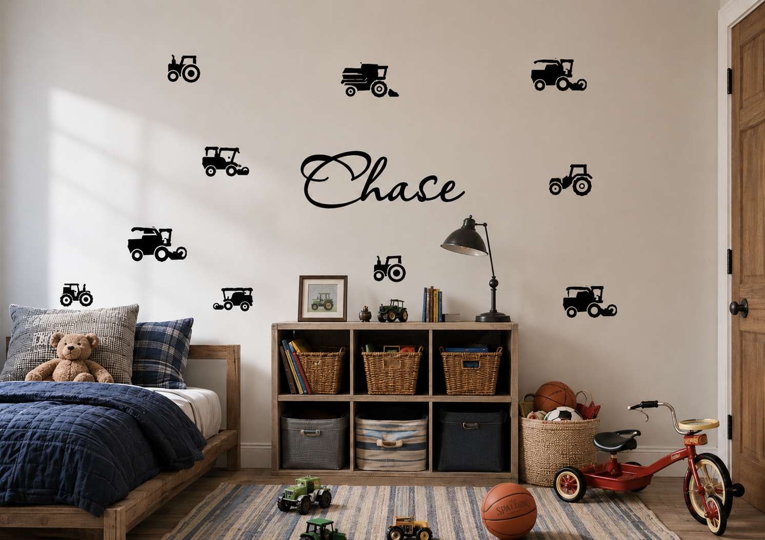 Children's bedroom with toy tractors and vehicles on the wall, a bed with teddy bear, and a bookshelf.