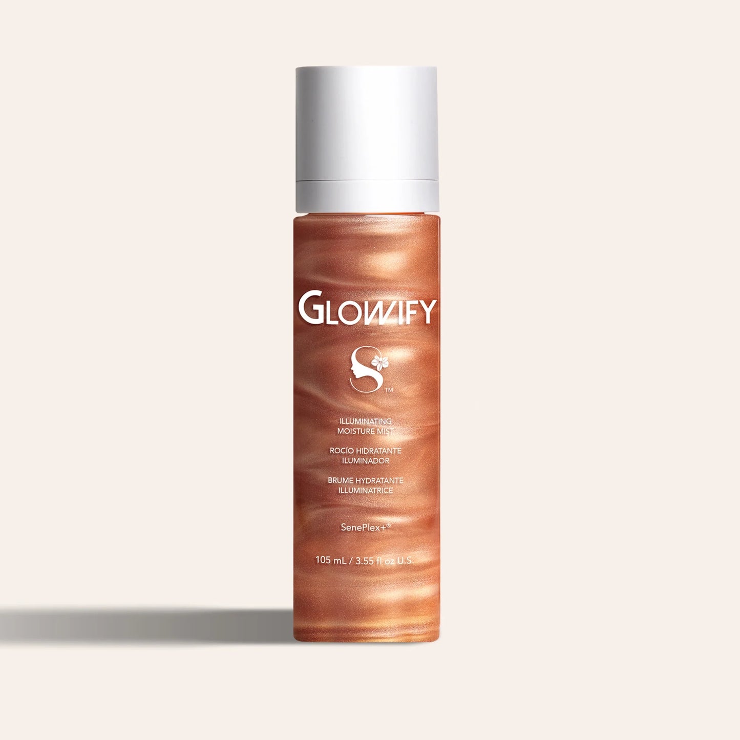 Glowify Illuminating Moisture Mist bottle with copper swirl finish and white cap