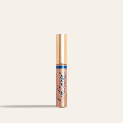 LipSense moisturizing gloss in bronze shade in a clear tube with a gold cap and blue logo text.