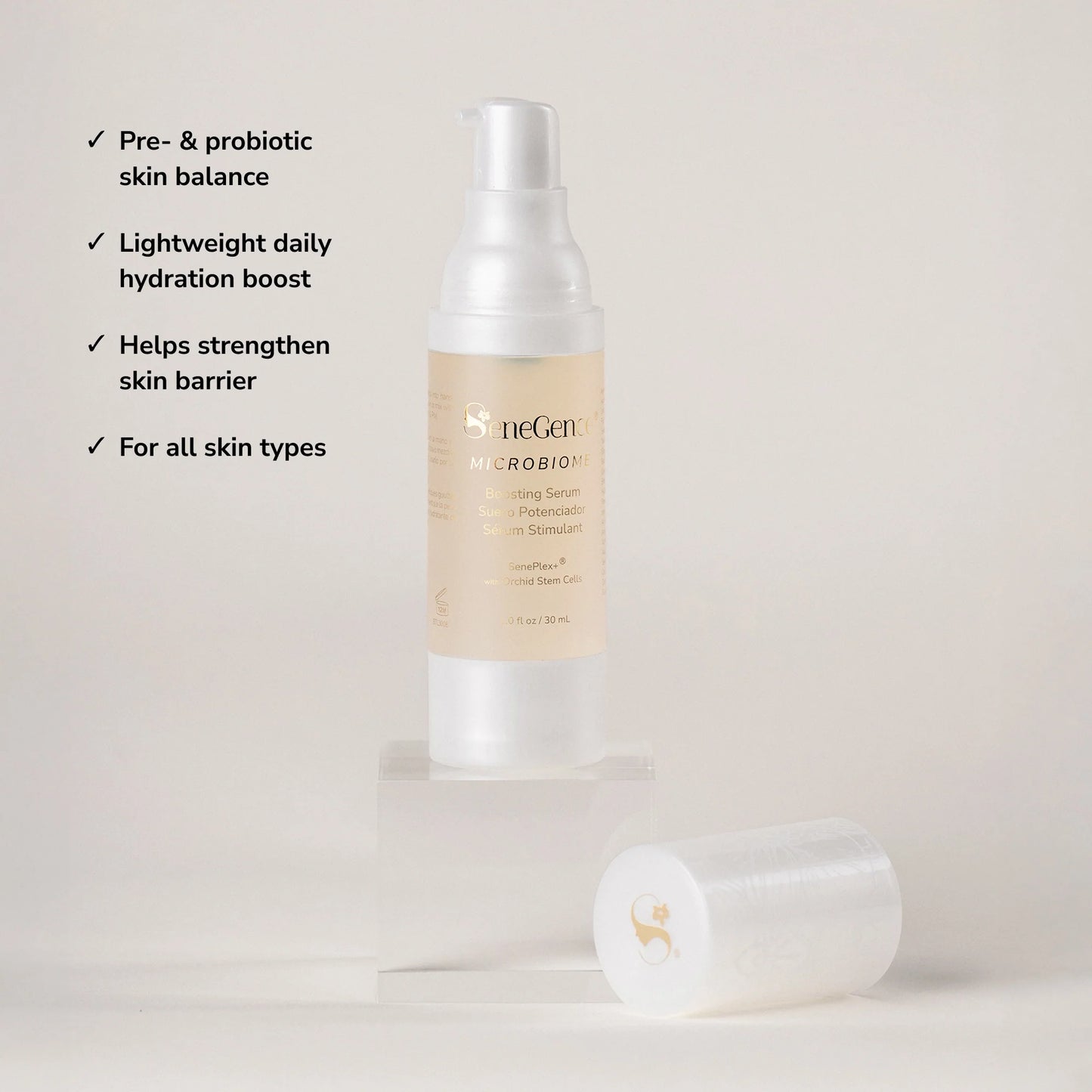 SeneGence Microbiome Boosting Serum product with benefit callouts .
