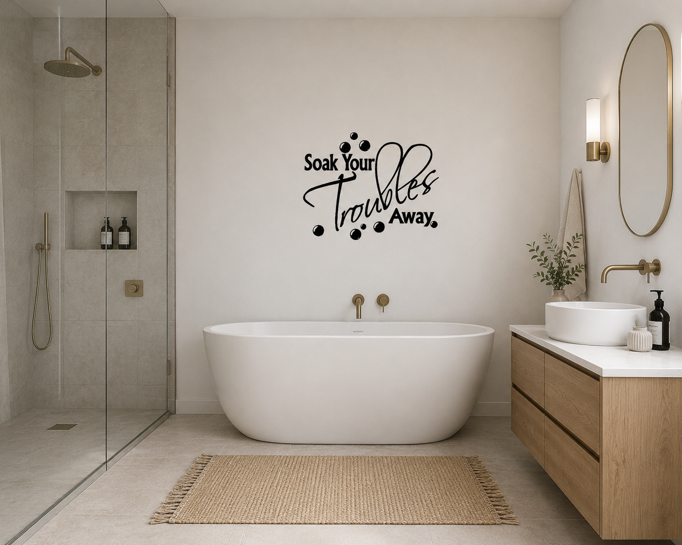 Soak Your Troubles Away removable bathroom wall decal above bathtub in modern neutral bathroom