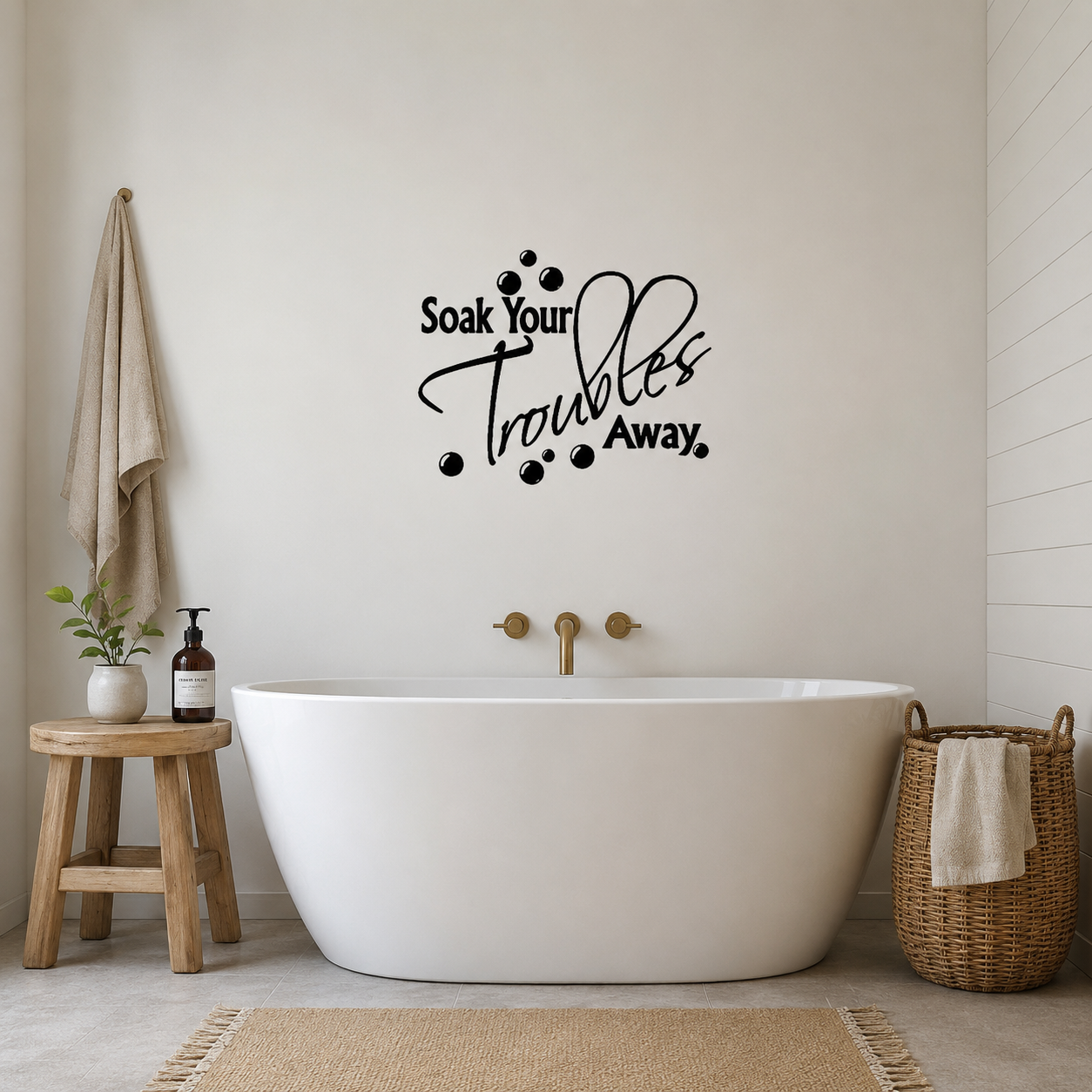 Bathroom with a white bathtub, wooden stool, and decorative wall text. Soak Your Troubles Away removable bathroom wall decal above bathtub in modern neutral bathroom