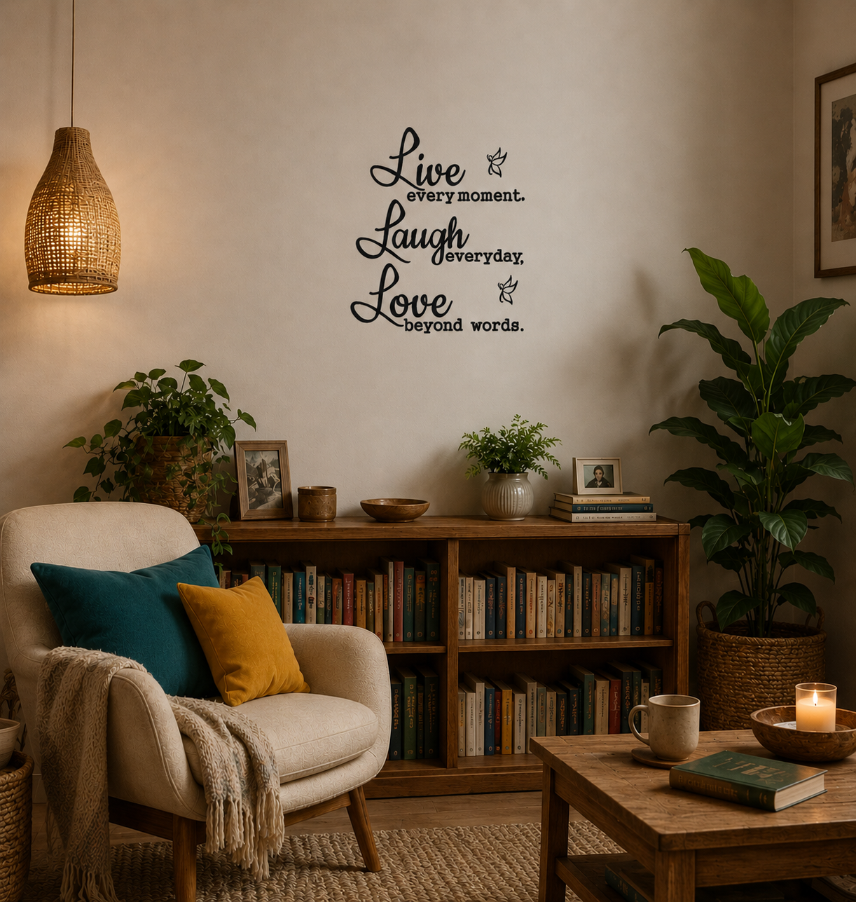 Black Live Laugh Love quote wall decal in a cosy modern living room