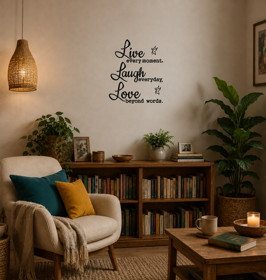 Black Live Laugh Love quote wall decal in a cosy modern living room