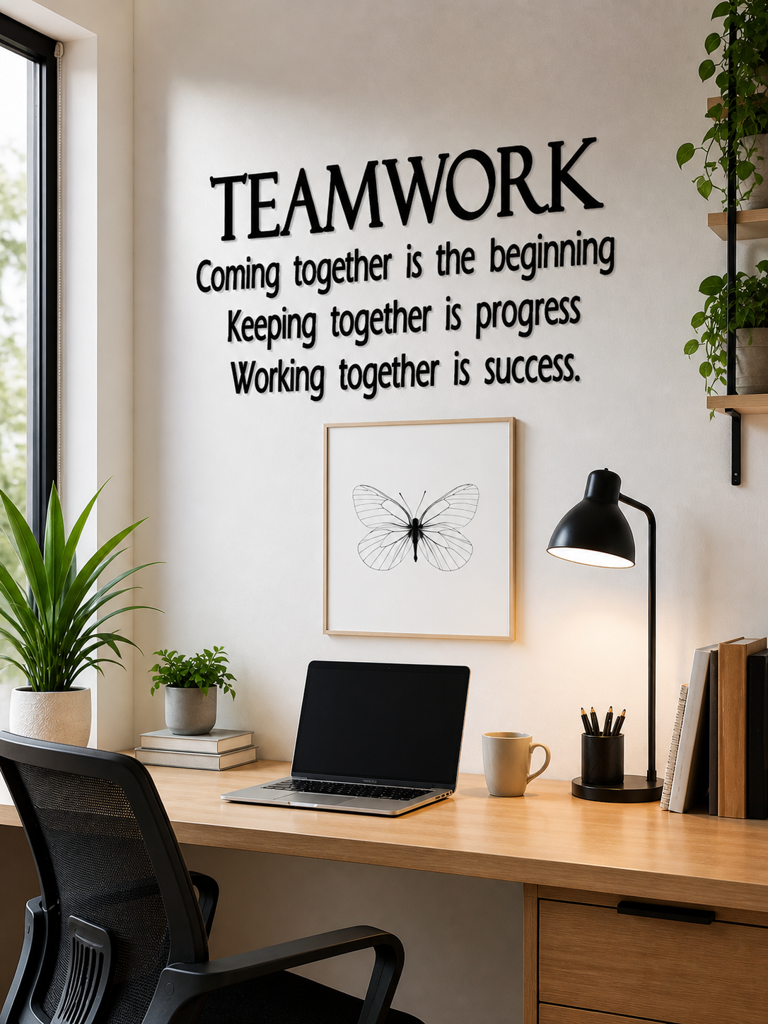 Teamwork wall decal in modern home office – motivational quote vinyl wall sticker