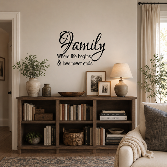 “Modern family quote wall decal featured in a calm beige living space with a timber bookcase, framed artwork, indoor plants, and warm ambient lighting.”