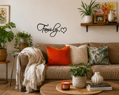 Family & Heart removable wall decal displayed on a dining room wall surrounded by family photo frames and modern home décor.