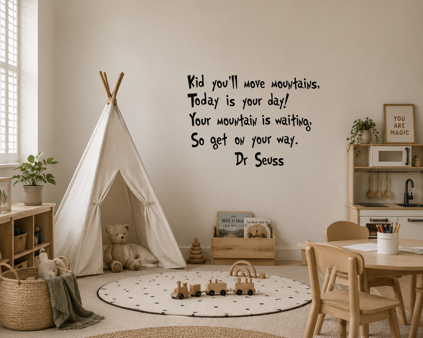 Inspirational Dr Seuss quote wall decal displayed in a warm neutral children’s playroom with timber toys, teepee, soft Scandinavian styling and natural family home decor.