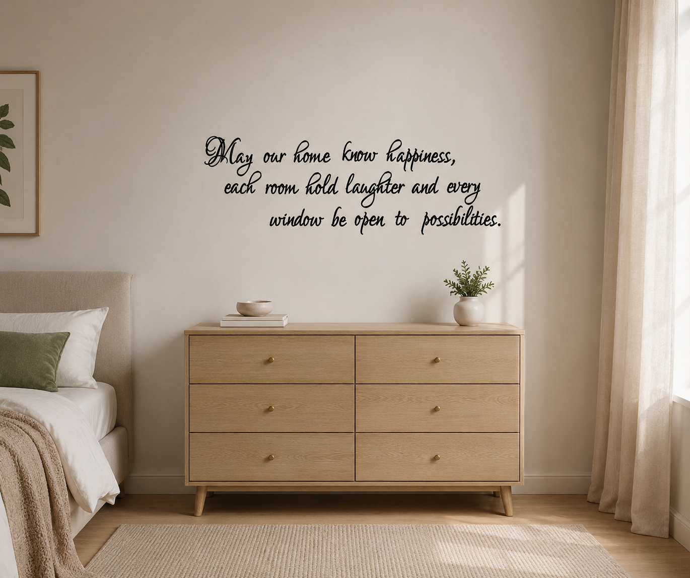 May Our Home Know Happiness removable wall decal displayed above a hallway console table in a shabby chic home interior. Inspirational family wall quote decal made in Melbourne by Two Little Giggles Wall Decals.