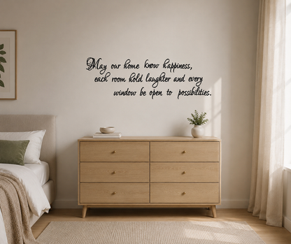 May Our Home Know Happiness removable wall decal displayed above a hallway console table in a shabby chic home interior. Inspirational family wall quote decal made in Melbourne by Two Little Giggles Wall Decals.