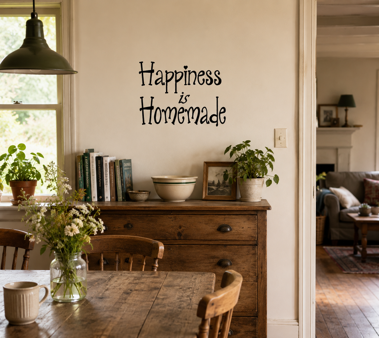 Happiness is Homemade removable wall decal displayed in a cozy family home interior.