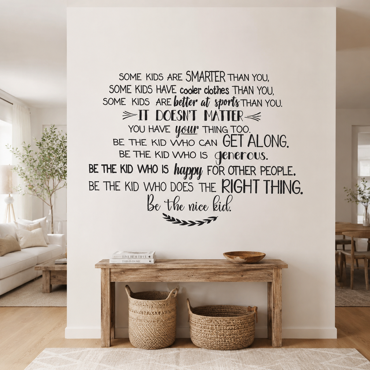 Be Happy removable wall decal in modern script font displayed on a stylish wall in a bright modern home interior. Inspirational vinyl wall quote made in Melbourne by Two Little Giggles Wall Decals. It matters wall art