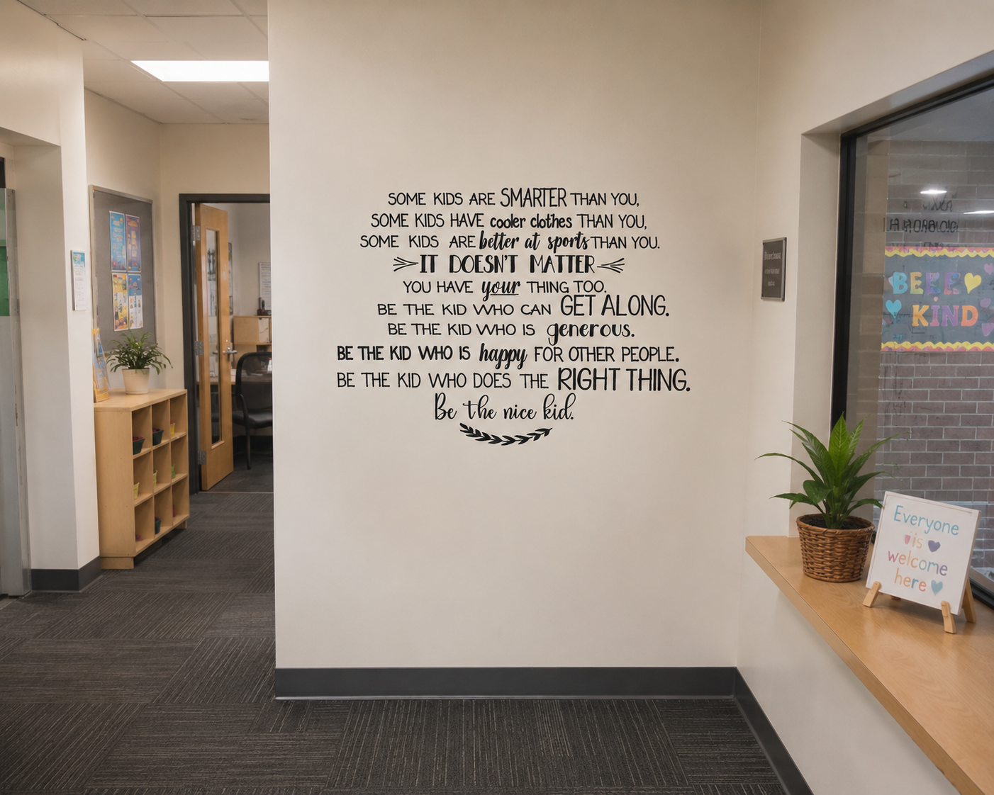 Be Happy removable wall decal in modern script font displayed on a stylish wall in a bright modern home interior. Inspirational vinyl wall quote made in Melbourne by Two Little Giggles Wall Decals.