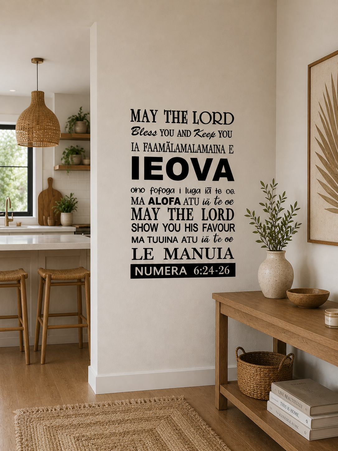 Samoan May the Lord Bless You wall decal in black vinyl featuring Numbers 6:24-26 scripture, displayed on a neutral wall in a modern home
