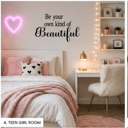 Decorative bedroom with pink and white theme, neon heart, and motivational quote. Two LIttle Giggles Wall Decal Be your own kind of beautiful