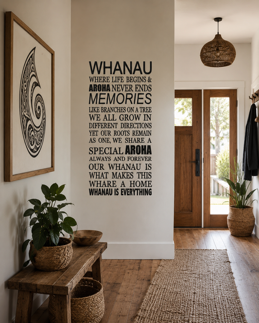 Whanau Is Everything removable vinyl wall decal displayed in a warm modern home hallway with Māori-inspired décor and natural wooden styling.