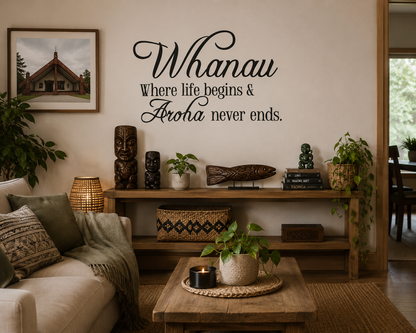 Whānau For Life removable black vinyl wall decal displayed in a warm relaxed living room with Māori-inspired décor and wooden carvings.