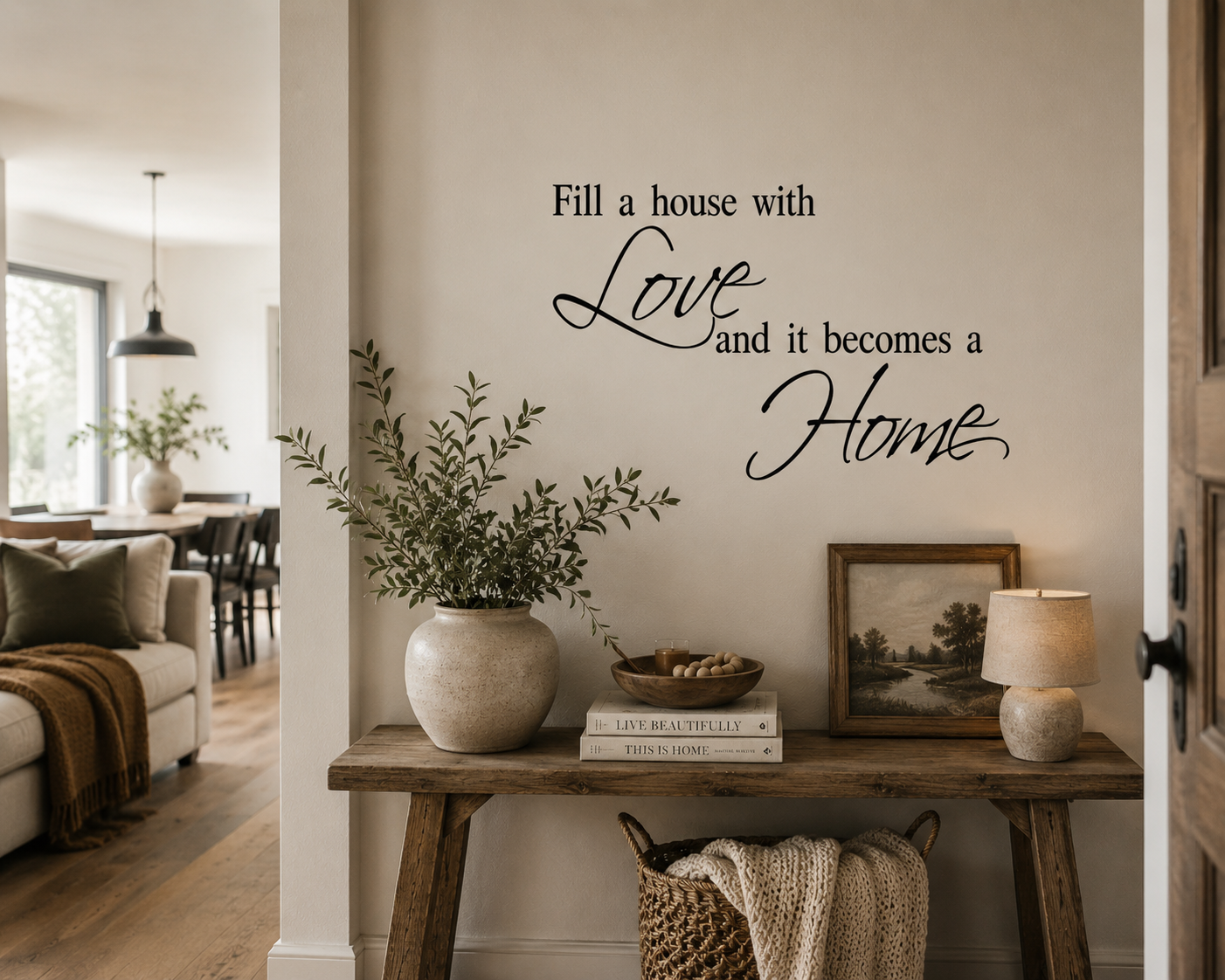 Black “Fill a Home with Love” wall decal displayed above a hallway table in a warm neutral family home with rustic décor.
