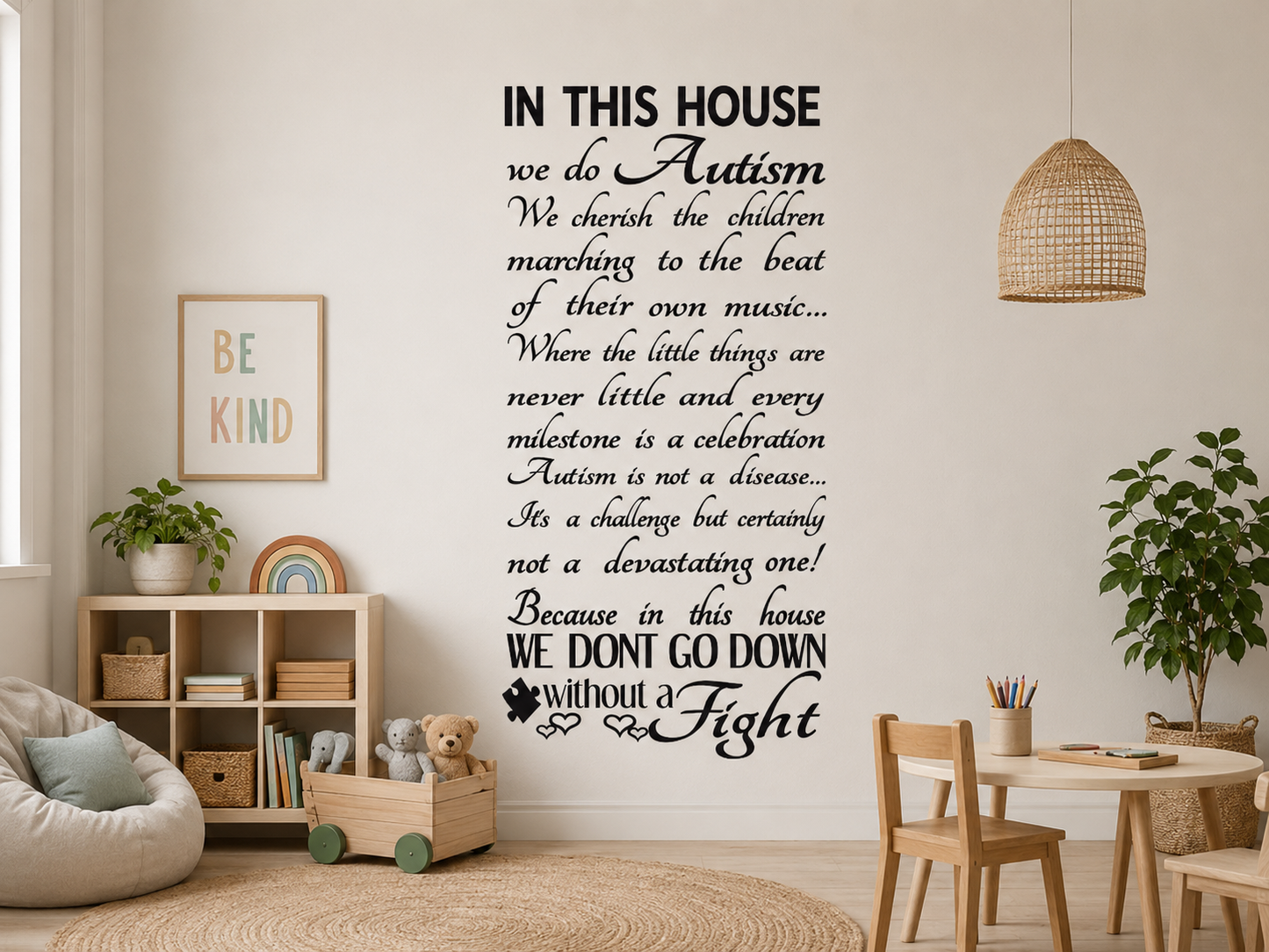 Black “In This House We Do Autism” wall decal displayed in a warm neutral open-plan hallway with timber bench seating and casual Scandinavian style décor.