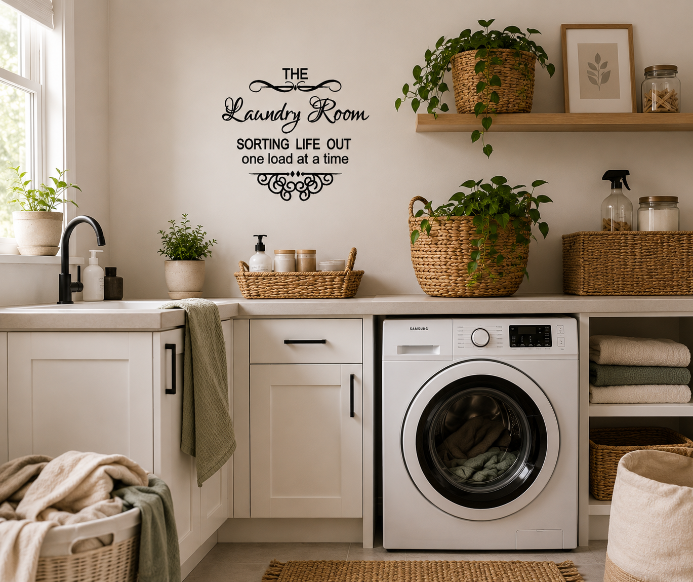 The Laundry Room removable wall decal displayed in a stylish modern laundry room interior. TWo Little Giggles Wall Art Decal