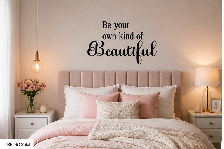 Bedroom with pink bedding, pillows, and a motivational quote on the wall. Two Little Giggles