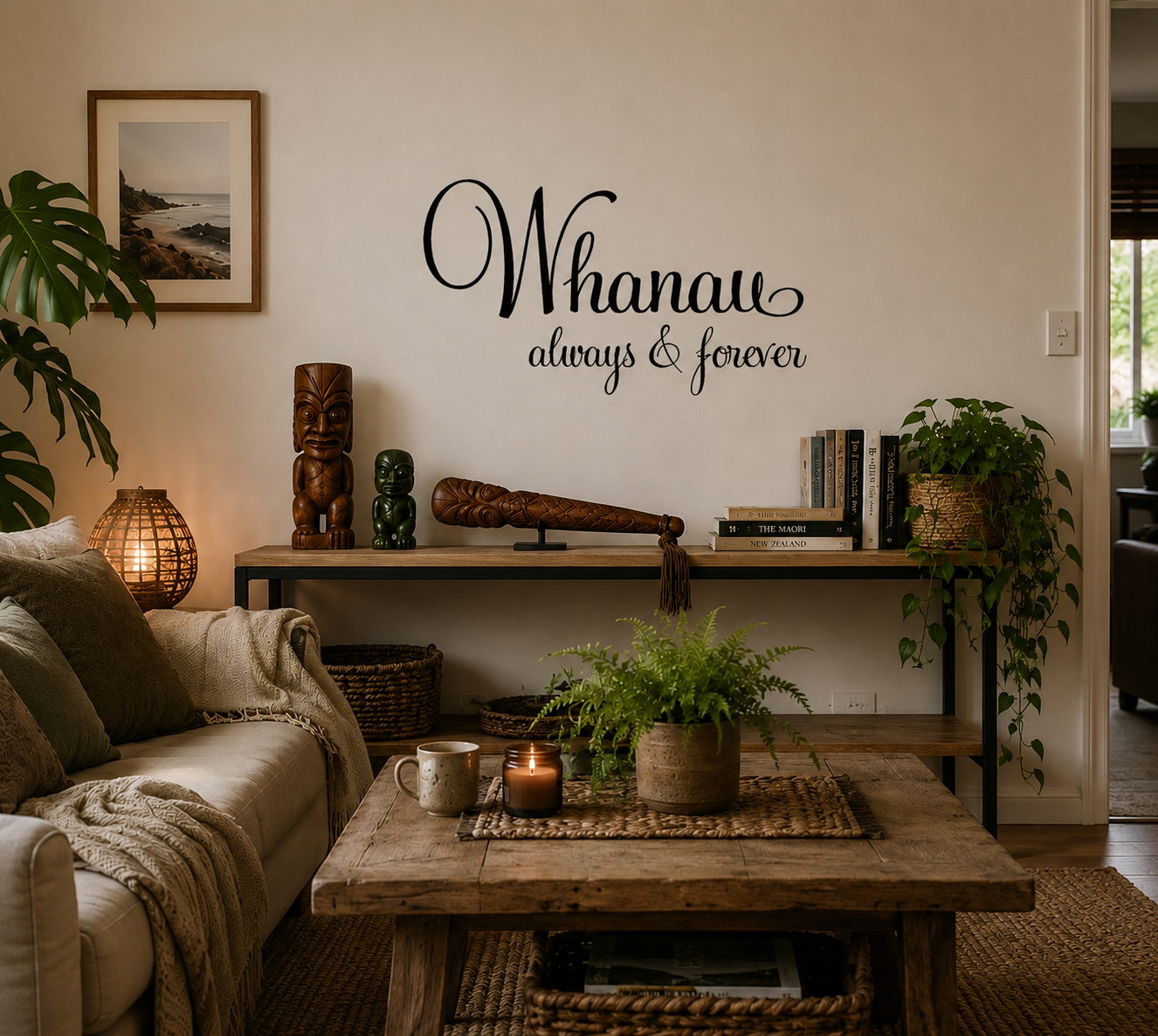 Whānau Always & Forever removable black vinyl wall decal displayed above a wooden shelf in a warm relaxed family living room.