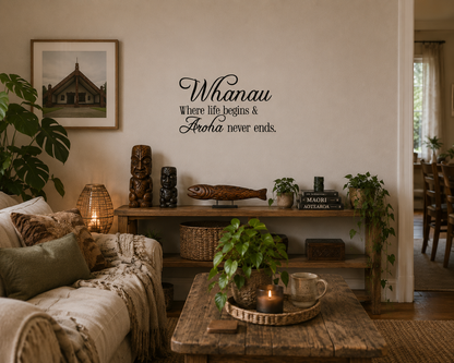 Whānau For Life removable black vinyl wall decal displayed in a warm relaxed living room with Māori-inspired décor and wooden carvings.