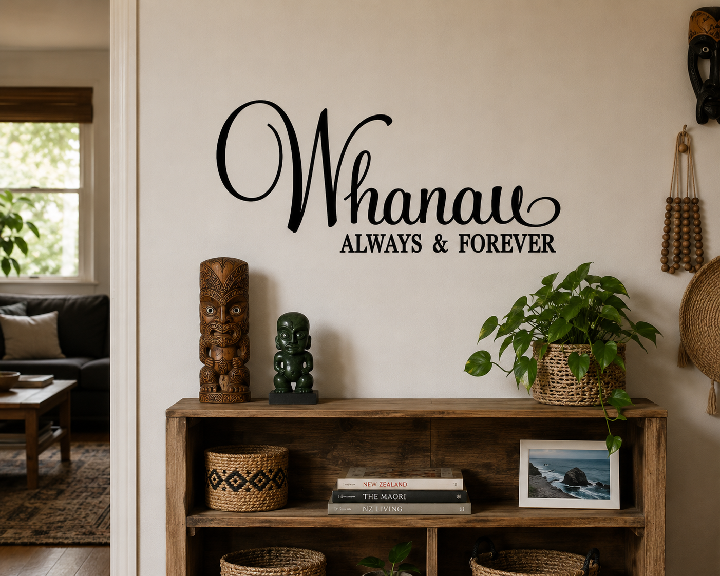 Living room with wooden shelf, decor items, and 'Whanau Always & Forever' wall decal.