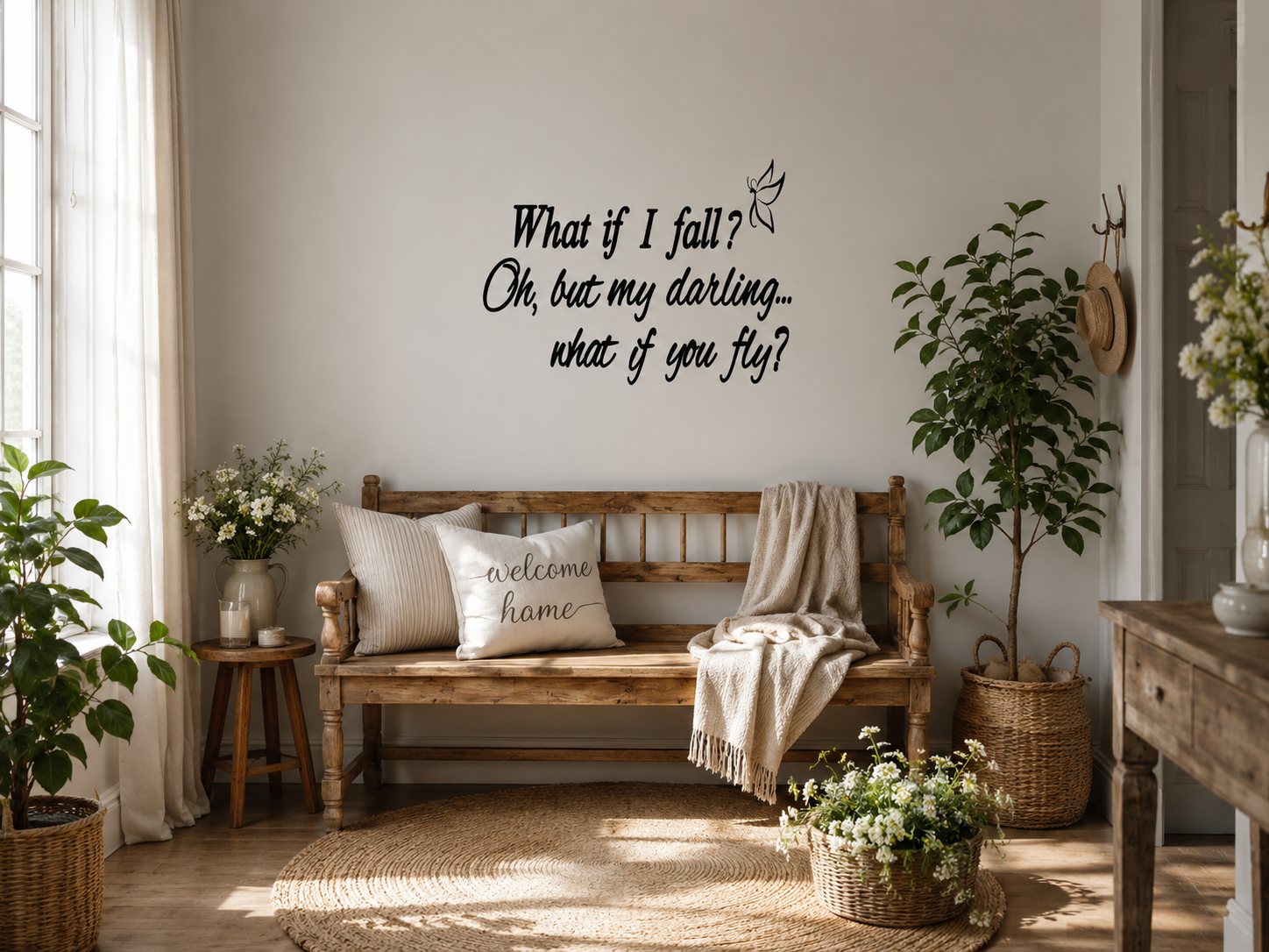 What If I Fall inspirational wall decal above rustic wooden bench in cosy neutral farmhouse hallway