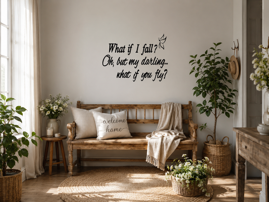 What If I Fall inspirational wall decal above rustic wooden bench in cosy neutral farmhouse hallway